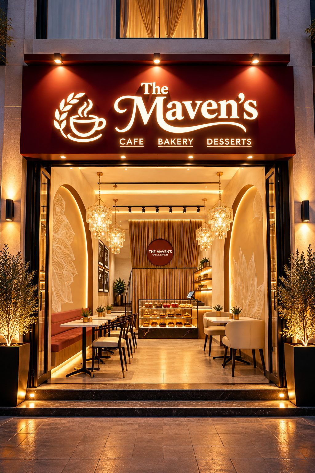 The Maven's at dusk — the illuminated storefront sign above an open frontage, with arched niches, chandeliers and the dessert counter glowing inside